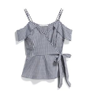 Cold Shoulder Gingham Wrap Top (Sz: L, Navy/White)